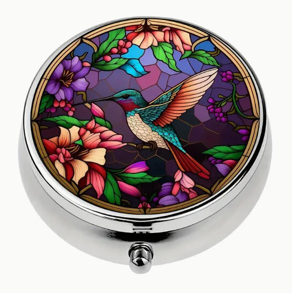 Round Metal Stitch Marker Holder, 3 Sections, Humming Bird Stained Glass Design