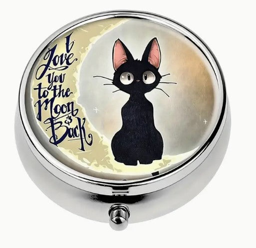 Round Metal Stitch Marker Holder, 3 Sections, Love you to the Moon Cat