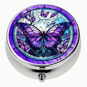 Round Metal Stitch Marker Holder, 3 Sections, Purple Butterfly
