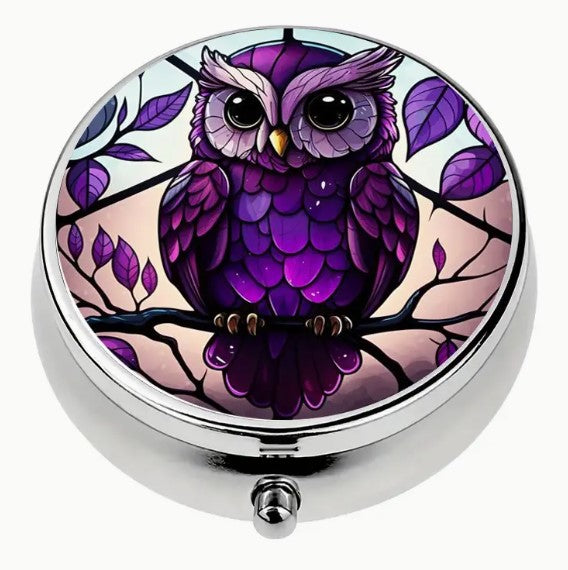 Round Metal Stitch Marker Holder, 3 Sections, Purple Owl