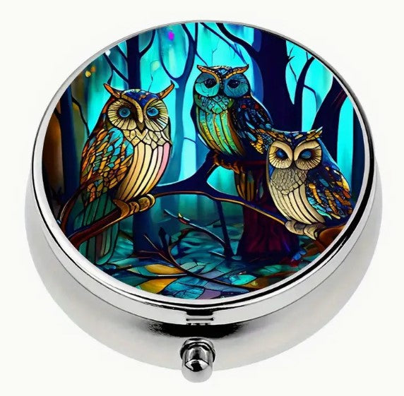 Round Metal Stitch Marker Holder, 3 Sections, Spooky Owls