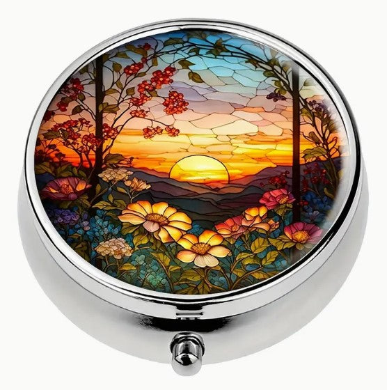 Round Metal Stitch Marker Holder, 3 Sections, Sunset Stained Glass