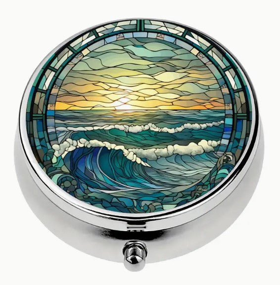Round Metal Stitch Marker Holder, 3 Sections, Sunset over the Sea