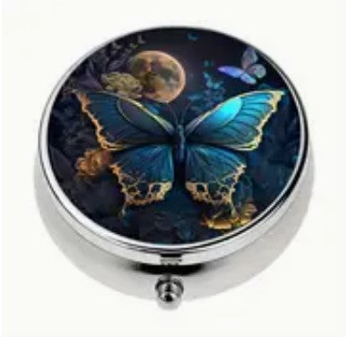 Round Metal Stitch Marker Holder, 3 Sections, Night Butterflies and Moon
