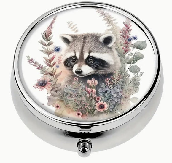Round Metal Stitch Marker Holder, 3 Sections, Racoon in Flowers