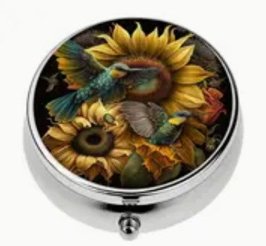 Round Metal Stitch Marker Holder, 3 Sections, Sunflowers and Hummingbirds