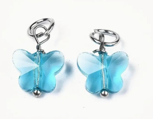 4 piece Glass Butterfly Stitch Markers Closed Ring, Light Turquoise