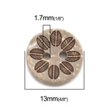 1/2 Inch Two Hole Round Button with Flower. Made Of Coconut Shell