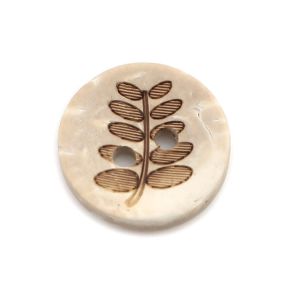 1/2 Inch Two Hole Round Button with Carved Mimosa Branch Made Of Coconut Shell