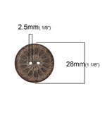 1 1/8 Inch Two Hole Round Button with carved Leaf pattern. Made Of Coconut Shell