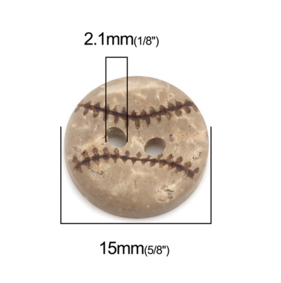 5/8 इंच दो छेद वाला गोल बटन। नारियल के खोल से बना है। बेसबॉल जैसा दिखता है.