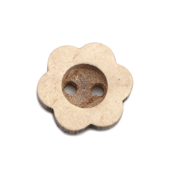 Botón redondo de dos agujeros de 1/2 pulgada con forma de flor. Hecho de cáscara de coco