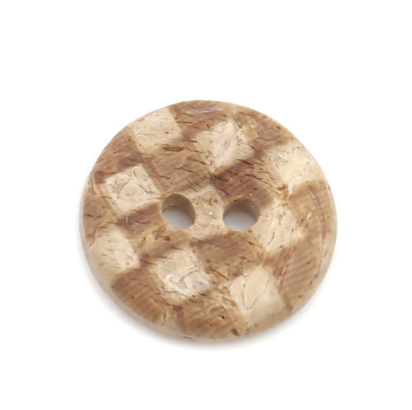 5/8 Inch Two Hole Round Button. Made Of Coconut Shell. Checkerboard pattern