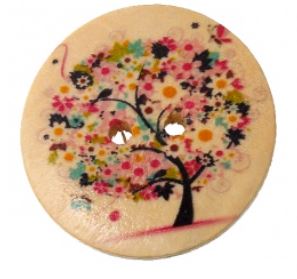 1 1/8 inch round wooden button with two holes. Feathering a flowering tree