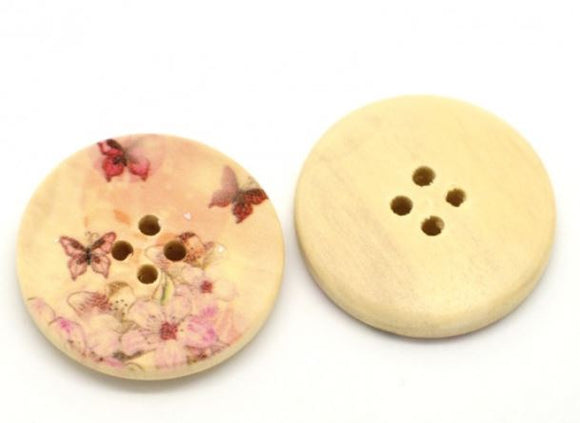 1 1/8 inch round wooden button with 4holes. Feathering butterflies