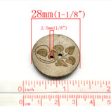 1 1/8 Inch Two Hole Round Button with carved Leaf pattern. Made Of Coconut Shell