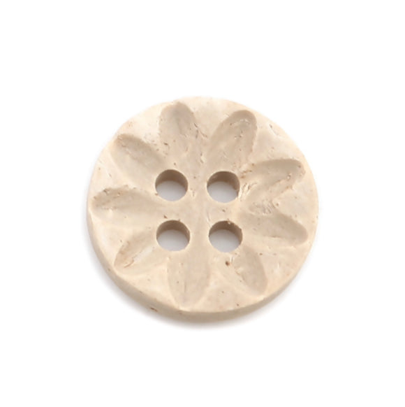 1/2 Inch Two Hole Round Button with Flower. Made Of Coconut Shell