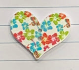 1 1/8 Inch Heart Shaped Wood Button with 2 holes, Featuring a Floral pattern