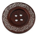 Large Red Wood 4 hole Decorative Button with scroll design