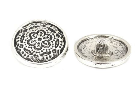 3/4 Inch Round, Shank Back, Antiqued Silver Medallion style Button