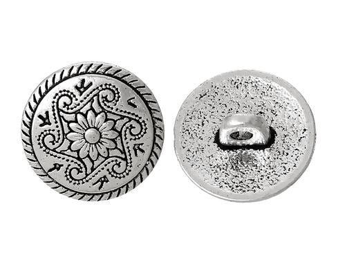 5/8 Inch Silver colored Antiqued Metal Button with Flower center and Rope trim edge