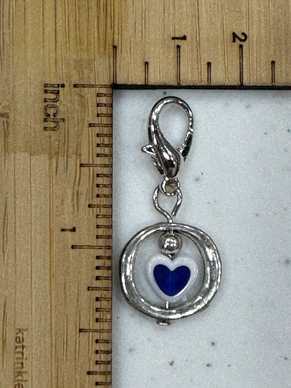 Silver Progress Keeper / Stitch Marker with Spinning Heart Blue