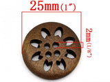 One inch dark color 4 hole wood button with carving